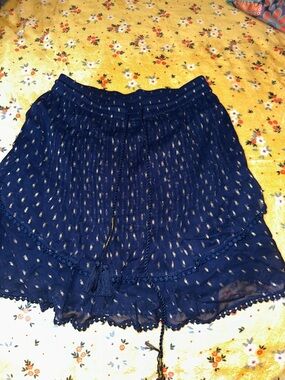 TRYB from Anthropologie-Navy Blue Mini Skirt with Metallic Dot Detail